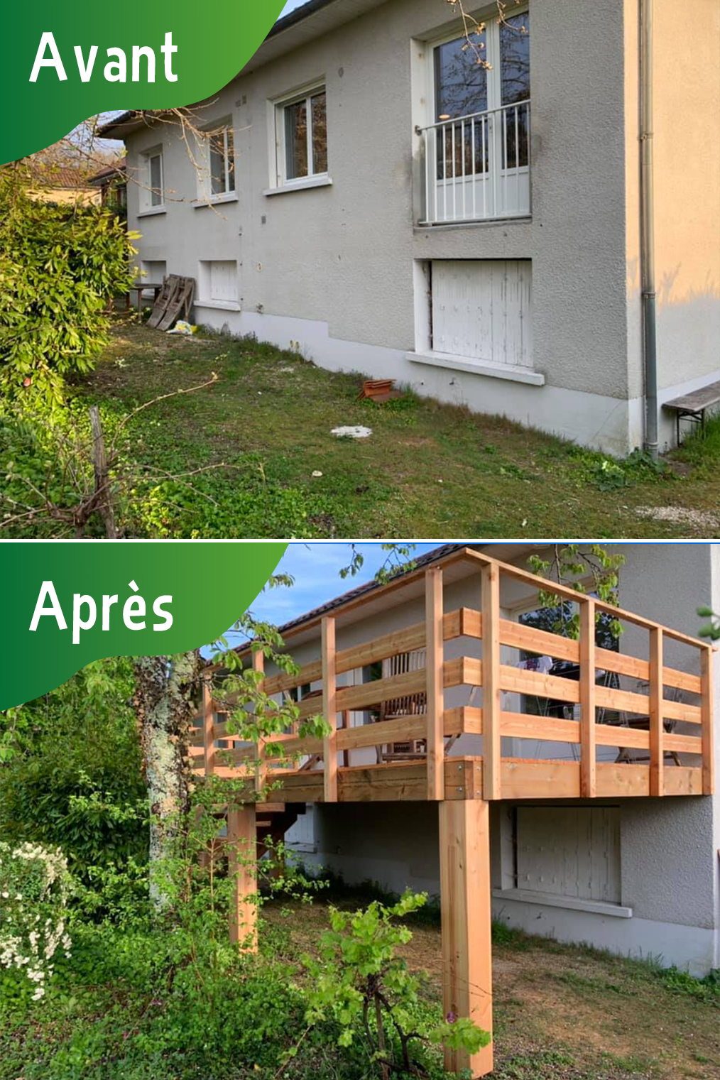 avant après création terrasse bois suspendue / création de parcs et jardin